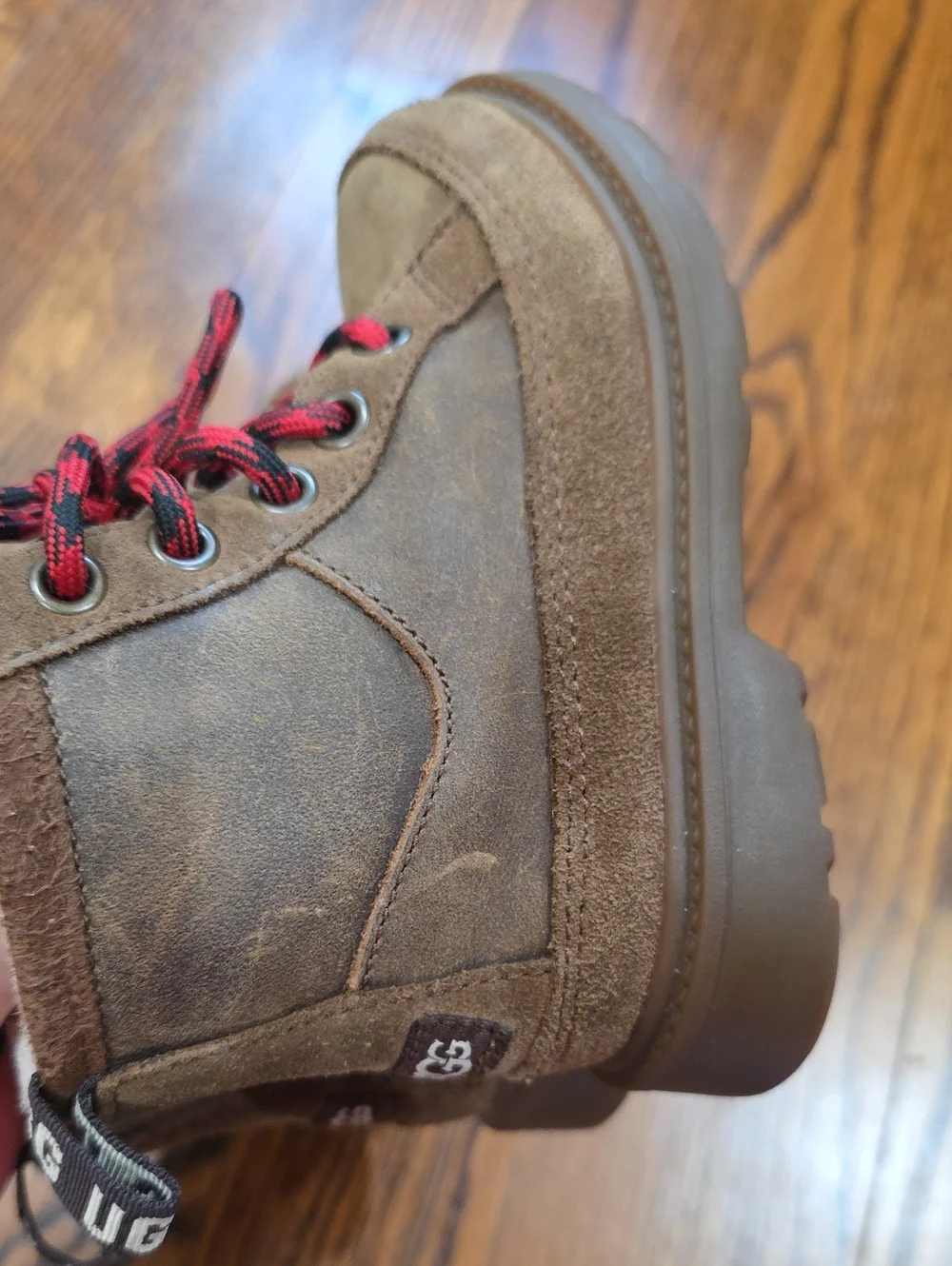 UGG Size 9 Kids Brown Suede Boots with Red and Black Laces